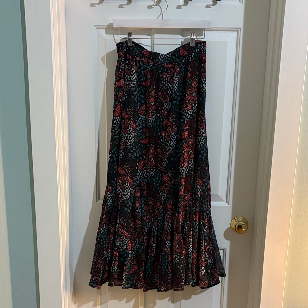 LOFT Black & Cranberry Floral Maxi Skirt